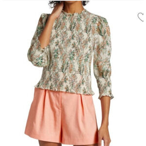 Veronica Beard Womens Cotton Kali Stone Paisley Smocked Top Size 2 Cottagecore